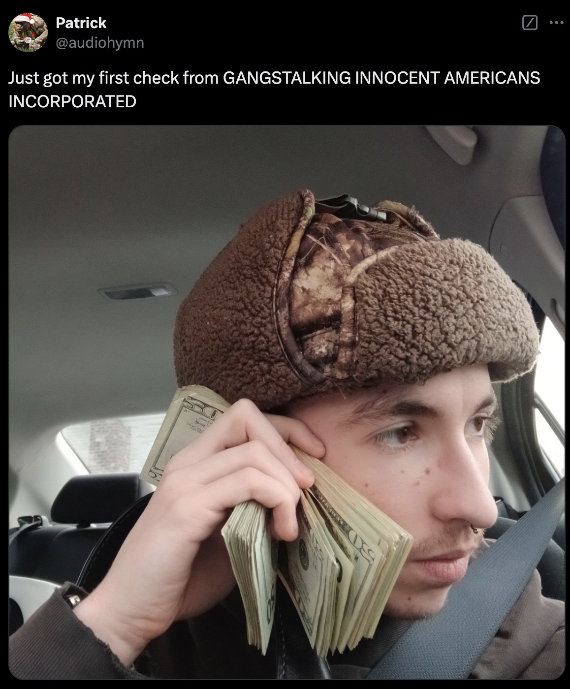 knit cap - Patrick Just got my first check from Gangstalking Innocent Americans Incorporated